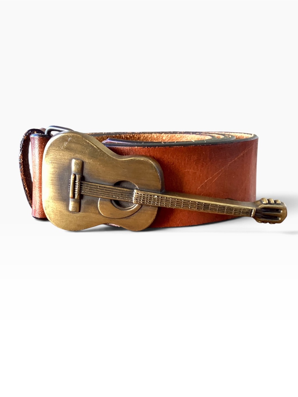 Y2K Vintage Brass Guitar Buckle with Leather Belt Brown 38